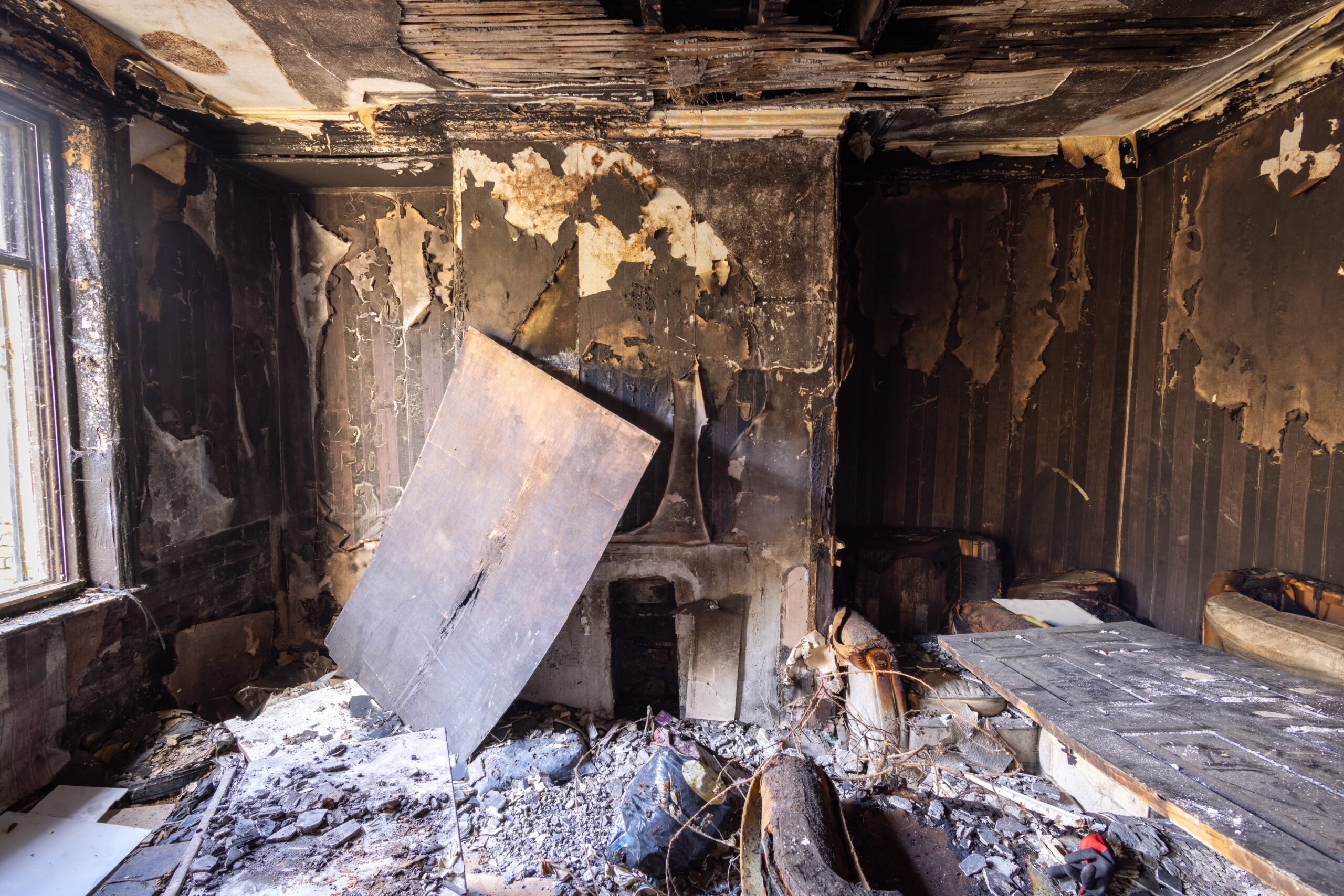 Fire damaged room with blackened walls and burnt debris