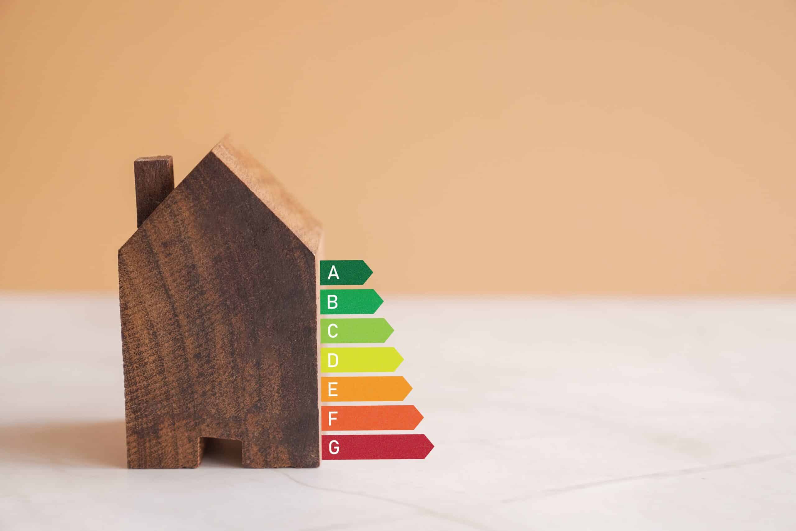 Wooden model house beside a coloured energy rating scale