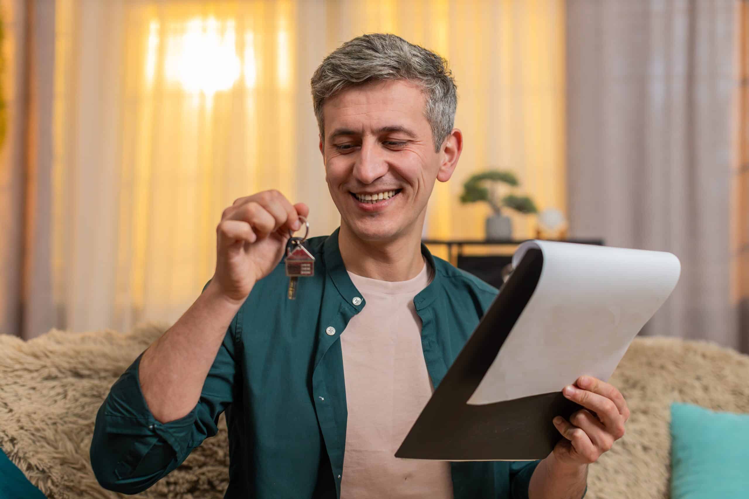 Smiling man holding keys and a clipboard in a living room