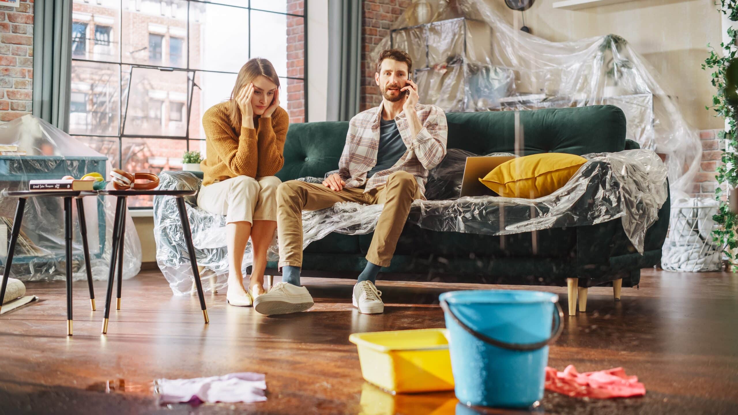 Couple sitting in a living room covered in dust sheets during decorating