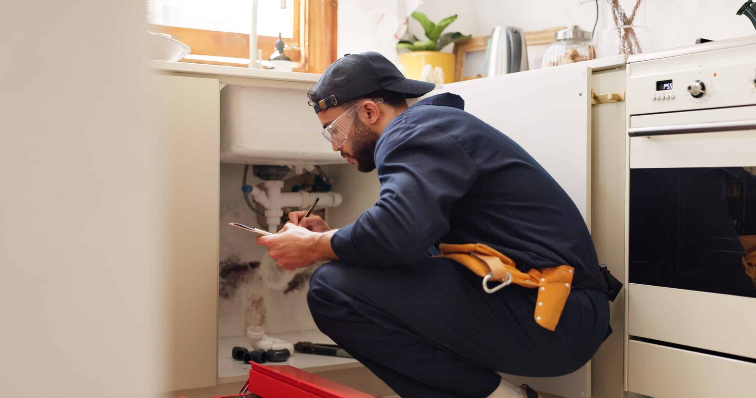 Plumber working under a kitchen sink